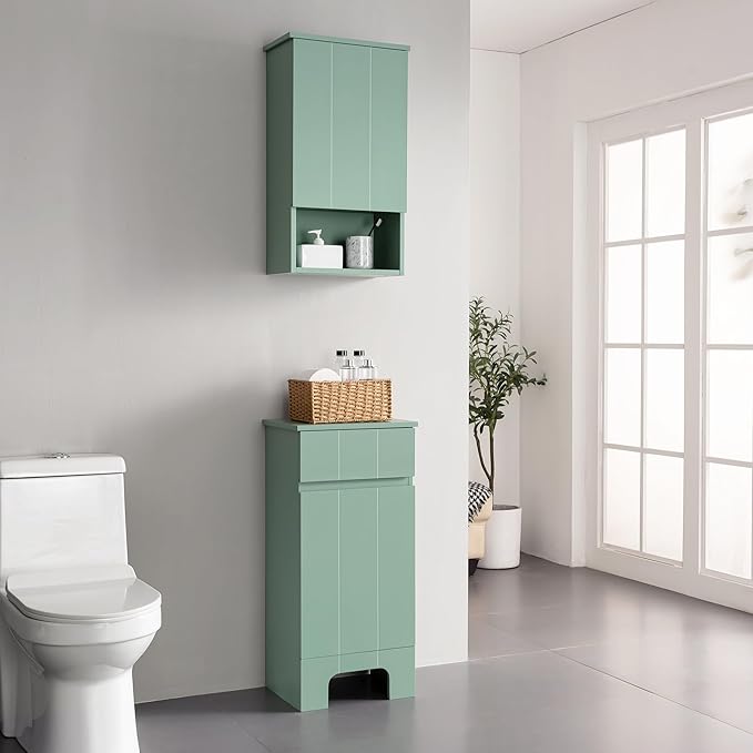 Small Bathroom Cabinet with Adjustable Shelves, Drawer, Anti-Tip Design, 14.96" L x 11.81" W x 32.09" H, Durable MDF for Bathroom, Kitchen, Laundry Storage, Soft-Close Door
