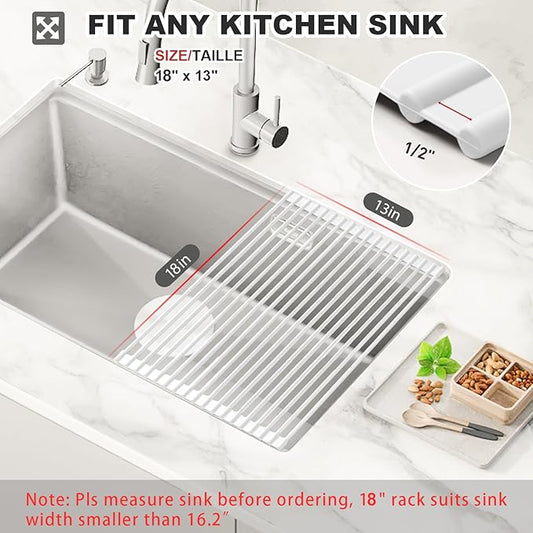 MERRYBOX Roll Up Dish Drying Rack, Silicone Wrapped Over The Sink Dish Rack Foldable Dish Drainer Anti-Slip Dish Racks for Kitchen Counter, Multipurpose Kitchen Sink Drying Rack, 18" x 13", White