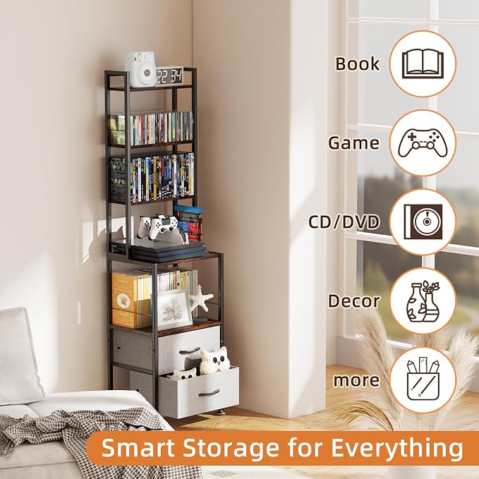 DVD Storage, Mutli 7-Tier DVD Storage Rack and Shelving, DVD Dispaly Shelf, CD Rack Tower for DVDs CDs Book Organizer with Drawers, Media Shelf, Manga Bookshelf for Gaming Media Moive Room