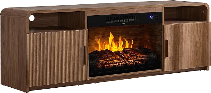 AMERLIFE 70" Fluted Fireplace TV Stand for TVs Up to 80", Modern TV Console with 30" Electric Fireplace & Storage Cabinets, Media Entertainment Center for Living Room, Brown