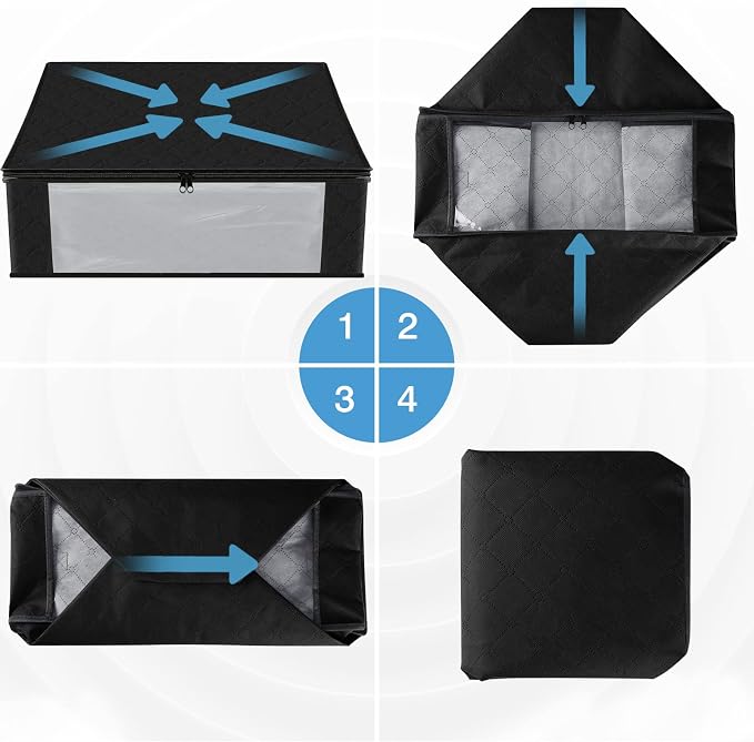 HomeHacks Storage 10-Pack Clothes Organizer Storage Bags Foldable Storage Box with Large Clear Window Sturdy Handles for Closet, Dorm, Pillows, Bedding, Clothes, Blankets, 35L, Black