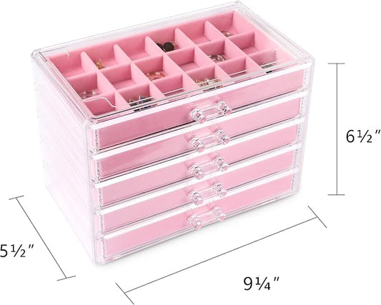 Frebeauty Acrylic Jewelry Organizer Earring Organizer Box with 5 Drawers Earring Holder Organizer with Velvet Trays Clear Jewelry Box for Women Earring Display for Rings StudsPink