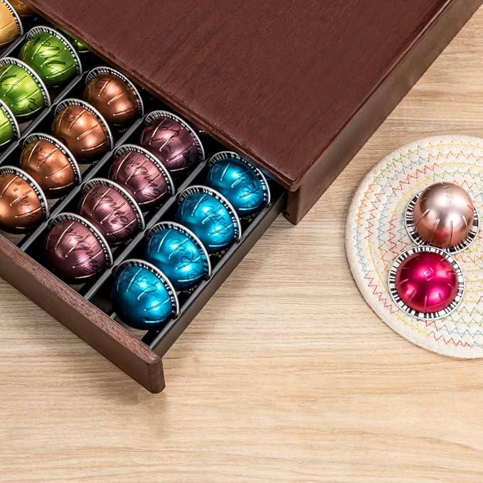 FlagShip Nespresso Vertuo Pod Drawer Storage - Elegant Wood Frame, 50 Pod Capacity