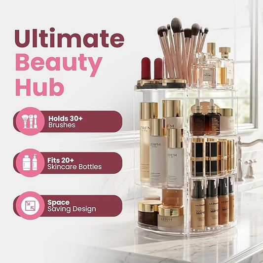 Masirs 360 Rotating Makeup Organizer Countertop - Adjustable Shelf Height - The Perfect Round Spinning Cosmetic Organizer for Bedroom Dresser or Vanity Countertop Storage (Clear)