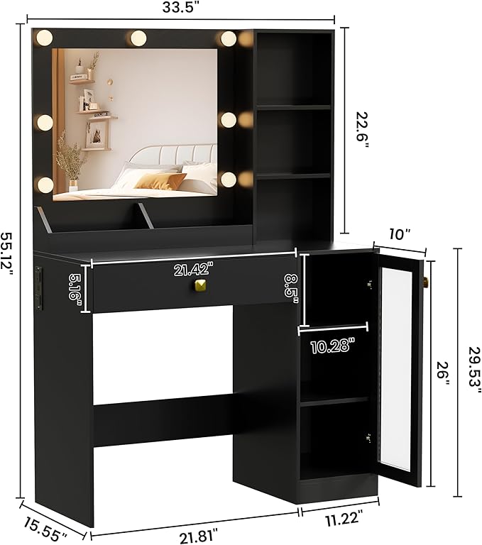 Black Makeup Vanity with Mirror and Lights, 34'' Wide Dressing Table with Charging Station & RGB Glass Cabinet, Small Vanity Desk with 3 Color Lighting Modes & Adjustable Brightness