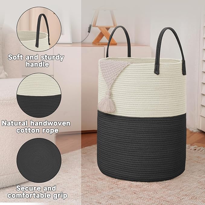JMvicyroam Large Woven Laundry Basket Hamper,60L Cotton Rope Storage Bin for Blankets,Toys and Clothes,Decorative Tall Nursery Hamper for Living Room,Baby Nursery,Bathroom and Bedroom,White and Black