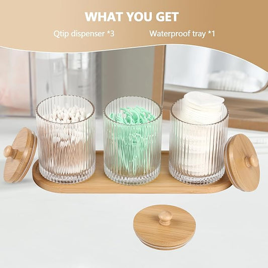 eggs sound 3 Pack Qtip Holder - Bathroom Organizers and Storage, Cotton Round Holder Floss Pick Cotton Ball Holder Swab Dispenser Set with Tray, Glass Apothecary Jars with Lids, -sw clear y