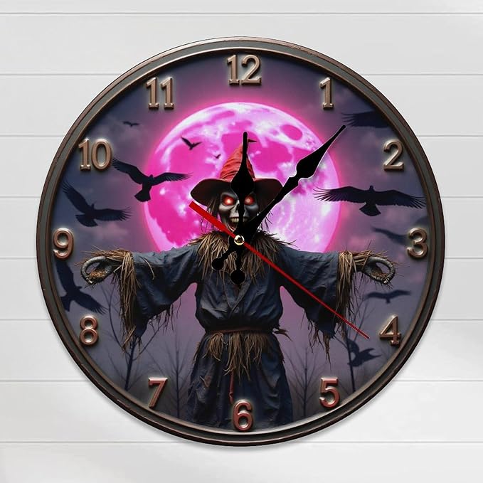 Wall Clock, Spooky Scarecrow Non Ticking Wall Clocks Battery Operated, Black Wooden Wall Clocks for Living Room, Kitchen, Halloween Decorative 10 Inch
