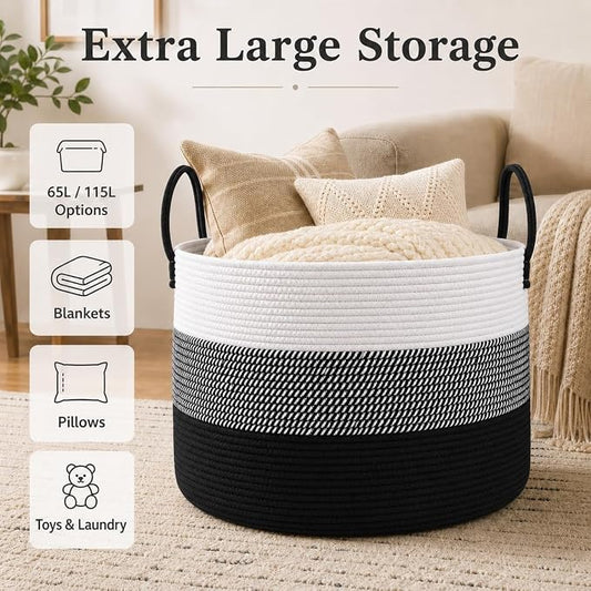 JMvicyroam 65L Extra Large Blanket Basket for Living Room - Woven Cotton Rope Laundry Hamper with Reinforced Handles - Storage Bin for Pillows, Comforters & Toys - Machine Washable,White&Black Mix