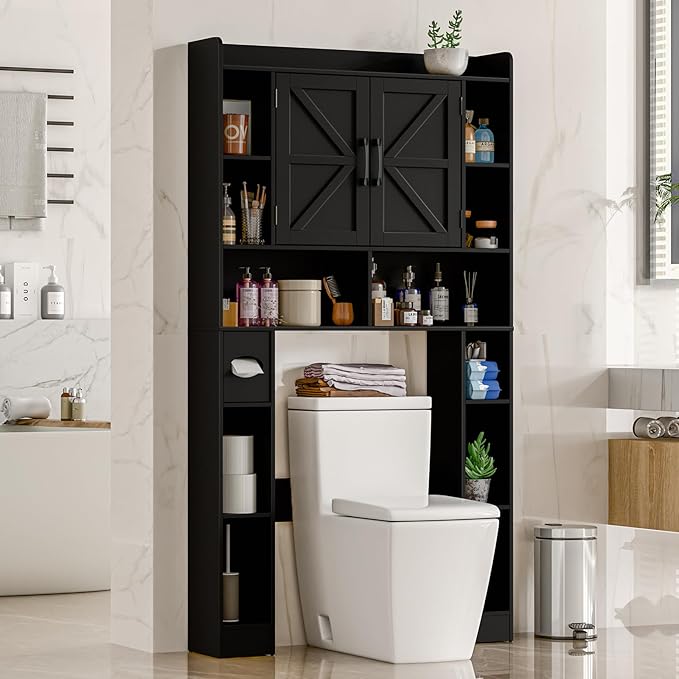 Farmhouse Storage Cabinet Over Toilet with Barn Doors,Over The Toilet Storage Cabinet, Home Space-Saving Toilet Rack, for Bathroom, Restroom, Laundry.Pure Black