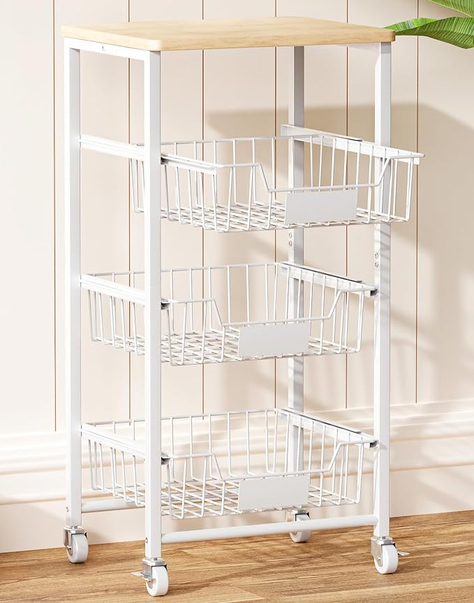 OKZEST 4-Tier Kitchen Storage Cart on Wheels – Mobile Fruit Basket Stand with Drawers & Wooden Top, Small Rolling Pantry Shelf for Potatoes, Onions, Bottled Drinks, Cans, Snacks – Includes 3 PE Liners