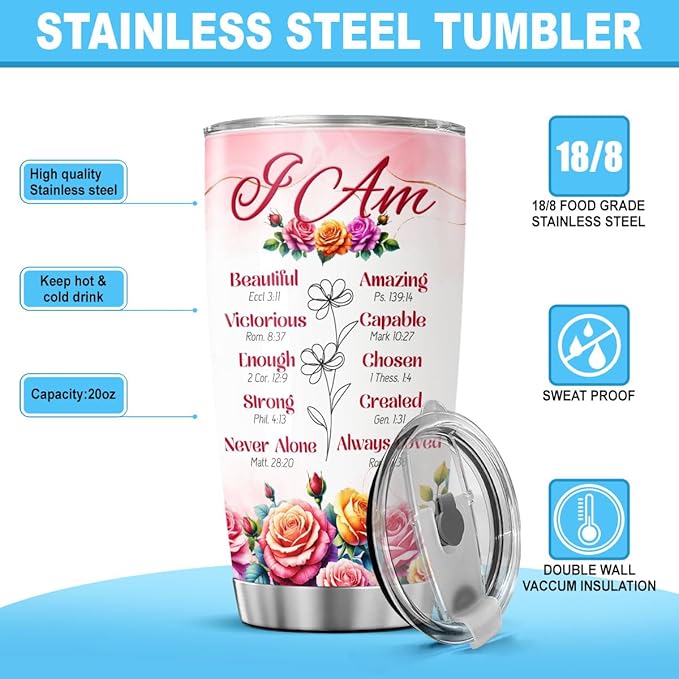 Christian Affirmation Gift for Women, I Am Scripture Tumbler with Bible Verses, Inspirational Floral 20oz Stainless Steel Insulated Cup, Religious Faith Present for Mom, Sister, Friend