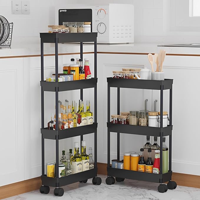 Sooyee 4 Tier Slim Storage Cart, Black | Rolling, Narrow Shelf, Mobile Shelving Unit Organizer, For Kitchen, Bathroom, Laundry Room