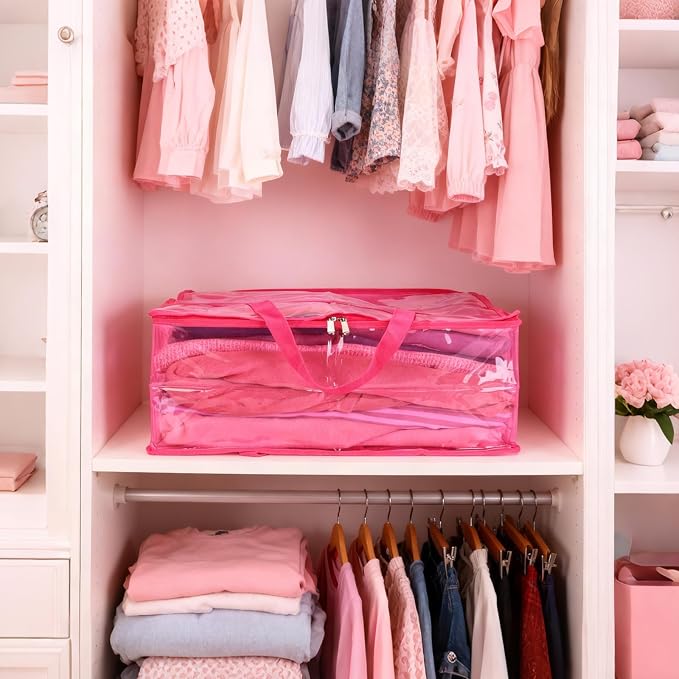 SGHUO Clear Storage Bags 60L Extra Large Plastic Vinyl Blanket Storage Bag for Clothes, Comforter, Bedding, Moving Bags with Zipper and Reinforced Handle (4pcs, Pink)