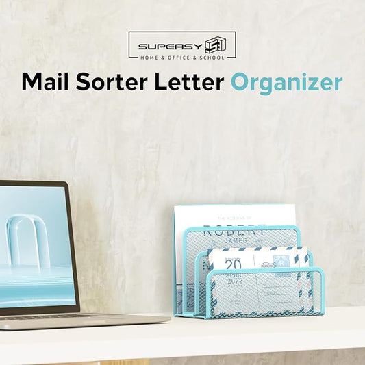 SUPEASY Mail Organizer for Desk, Mesh Metal Mail Holder Countertop with 3-Slot, Letter Sorter File Holder, Office Envelope Organizer for Mails (Blue)