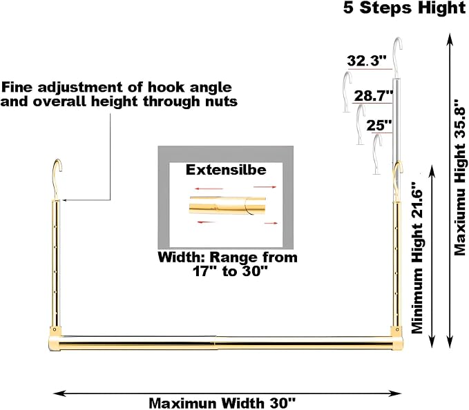 Adjustable Hanging Closet Rod, Extender Hanging Rod, Closet Hanging Organizer, Heavy Duty Closet Bar, Hanging Rod (Gold, 1 Pack)