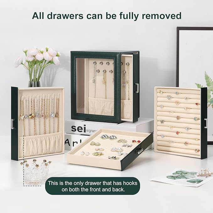 DesignSter Jewelry Box Organizer, Jewelry Box for Women, PU Jewelry Organizer Display Case with Side Drawers, Jewelry Storage for Earring Necklace Ring Bracelet Watch