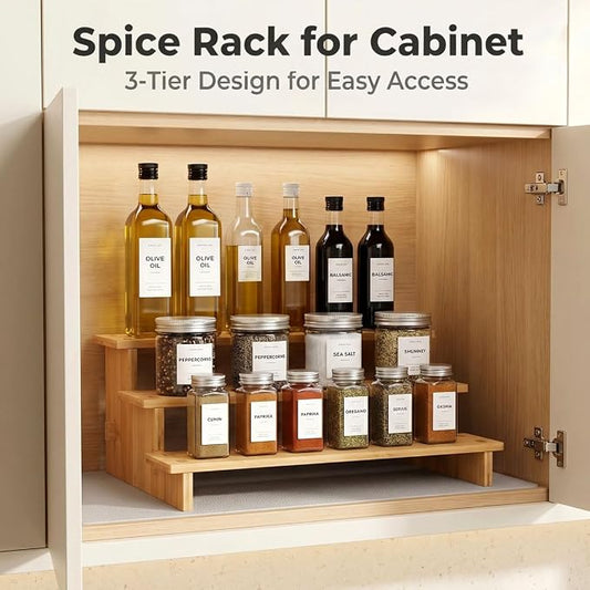 JinDoWin 3 Tiered Spice Rack Organizer for Cabinet,Spice Organization for Cabinet,Seasoning Organizer,Spice Shelf and Spice Organizer for Cabinet,Pantry Organizers and Storage (1 Pack, Medium)