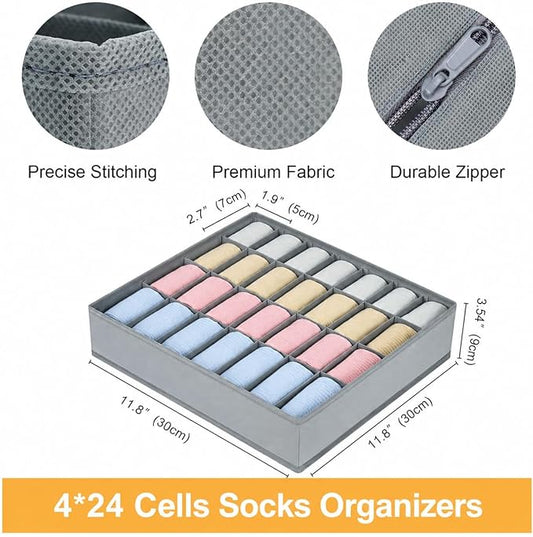 Sock Organizer 4 Pack, 24 Cell Underwear Organizer Foldable Underwear Storage, Sock and Underwear Drawer Organizer for Socks Ties Underwear Belts. (Grey)
