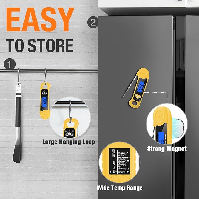 AMMZO Meat Thermometer Digital, Instant Read Food Thermometer - Waterproof w/Backlight for Cooking, Candy, Deep Fry, BBQ, Grill, Candy Making Accessories, Gifts for Men Women(Yellow)