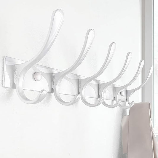 SKOLOO Heavy Duty Wall Mounted Coat Rack - 6 Hooks, Stainless Steel, Sturdy Coat Hooks for Hanging Clothes, Jacket, Hat, White