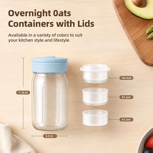 TQRR 32 OZ 4 Pack Overnight Oats Containers with Lids, Glass Storage Jar with Dry and Wet Separation, Leakproof Wide Mouth Mason Jars, Glass Jars with a Handle for Salads,Yogurt (2, Blue & Purple)