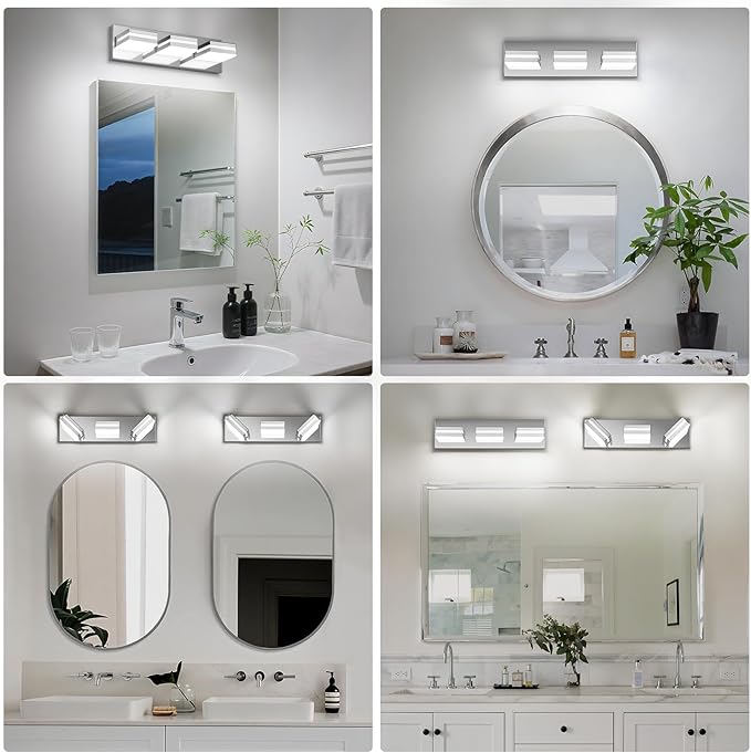 Modern LED Small Bathroom Lights Fixtures(3-Light),Stainless Steel Chrome Acrylic Wall Lighting,Vanity Lights for Bathroom Over Mirror(6000K 16in)