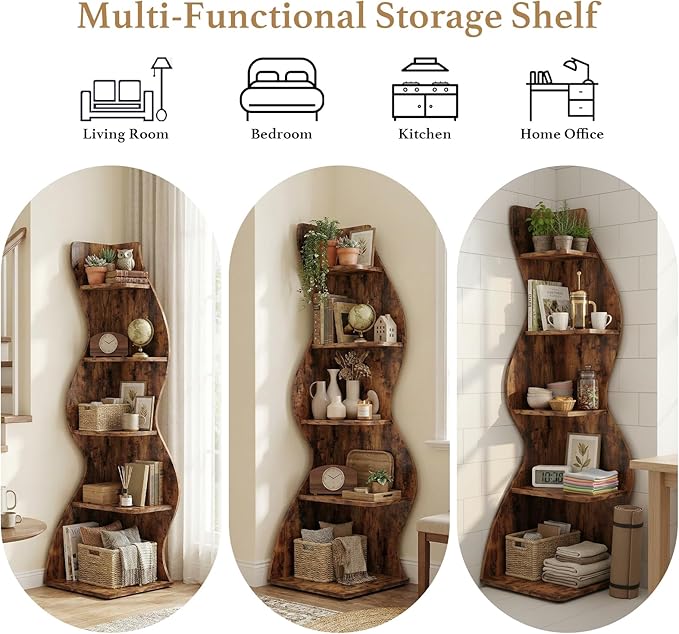 Arvolia 70 Inch Corner Bookshelf, Modern 5-Tier Small Bookshelf with Unique Curved Design, Freestanding Vertical Storage Shelf for Living Room, Bedroom or Home Office (Brown Modern)