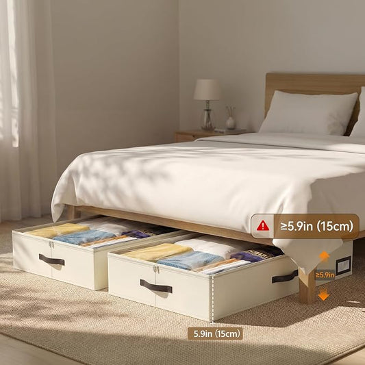 OIAHOMY 2 Pack Under Bed Storage with 4 Compression Bags, Underbed Organizers for Bedroom & Closet, Fits Beds Higher than 5.9", Space-Saving for Seasonal Clothes, Blankets & Shoes - Beige