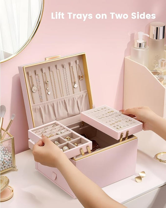 Lolalet Jewelry Box Organizer for Women Girls, 2 Layer Jewelry Organizers and Storage for Necklace Earrings Rings Bracelets, Large Jewellery Holder Case Birthday Gifts -Pink
