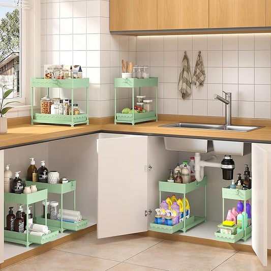 Sevenblue 3 Pack Under Sink Organizers,2-Tier Multi-Use Kitchen and Bathroom Organizers and Storage with Sliding Drawers,Bathroom Cabinet Organizer (Green, 12.8 Inch)