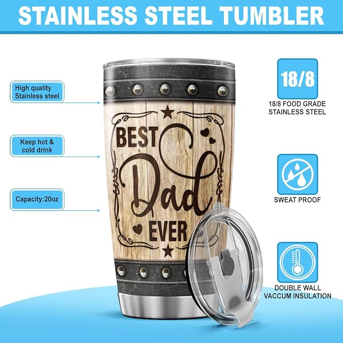 Best Dad Ever Gift Tumbler, Rustic Wood Pattern 20oz Stainless Steel Travel Mug, Insulated Vacuum Cup for Father, Birthday, Christmas, Father's Day Present