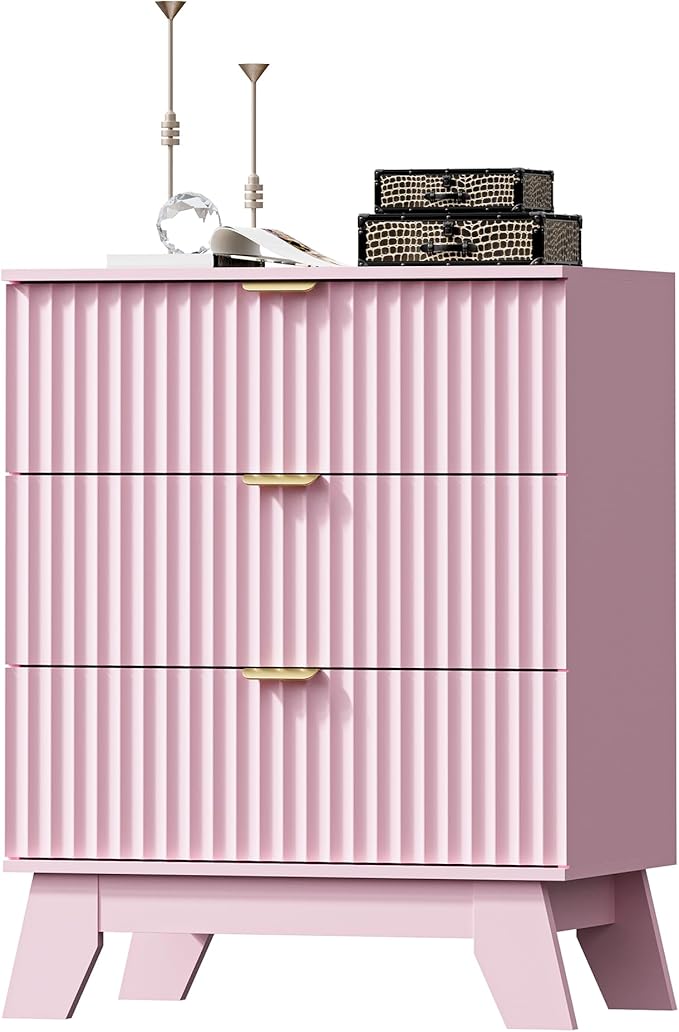 Fluted 3 Drawer Dresser for Bedroom, Mid Century Modern Night Stand with Metal Handle, Wooden Beside Table with 3 Drawers End Table for Living Room, Closet, Entryway, Pink