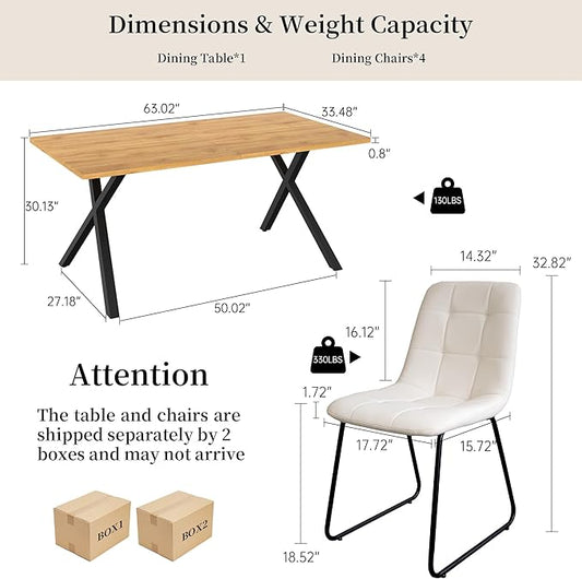 HIPIHOM 5-Piece Dining Table Set for 4-6 People, 63" MDF Kitchen Table with 4 Upholstered Chairs, Metal Legs for Dining Room, Kitchen(Oak Table+4 U-Shaped White Chairs)