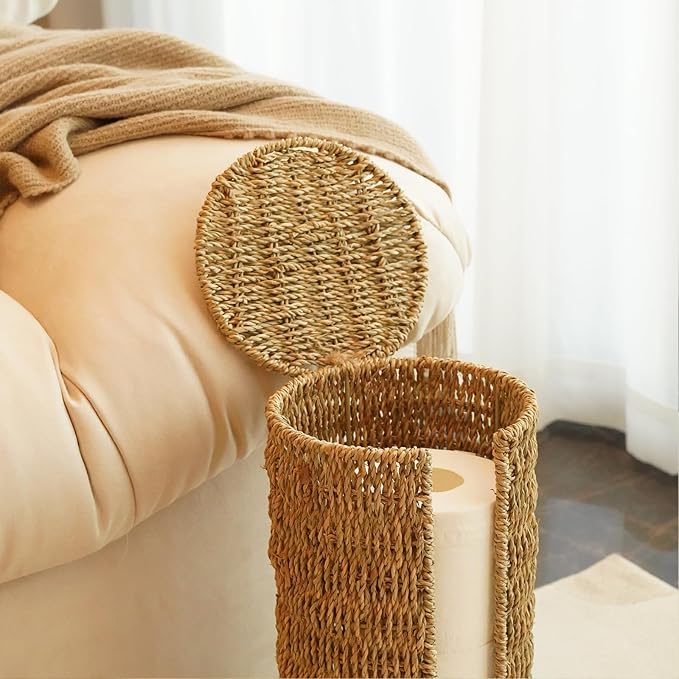 PINXIURY Seagrass Toilet Paper Holder with Storage, 3 Rolls of Wicker Toilet Paper Holder for Bathroom and Under Sink, Handmade Woven Toilet Paper Rolls Holder Stand