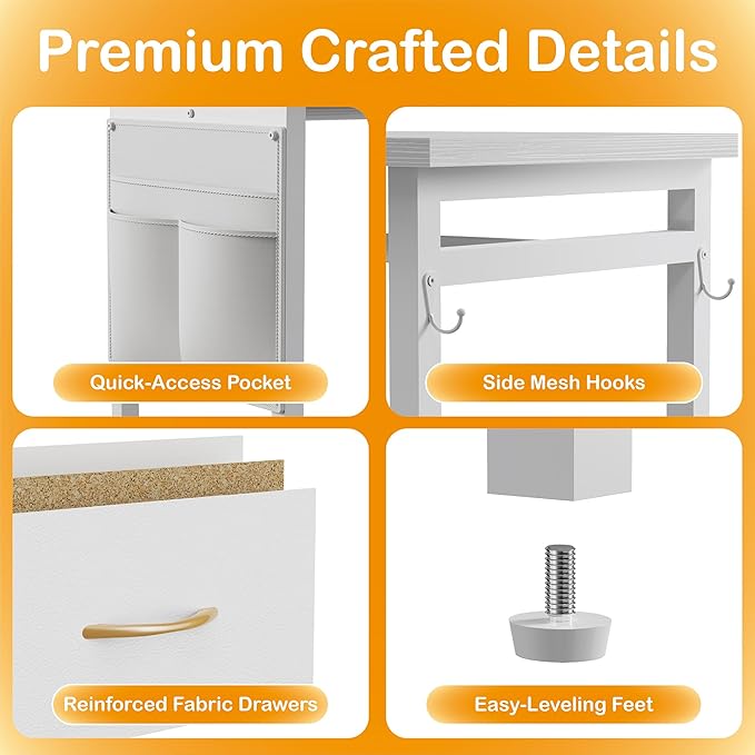 Dresser with Hanging Clothes Rack, 4 Drawers Dresser for Bedroom with LED Lights and Charging Station, Fabric Storage Chest of Drawers for Closet with Clothes Rack Bedroom Kid’s Room, Metal, White