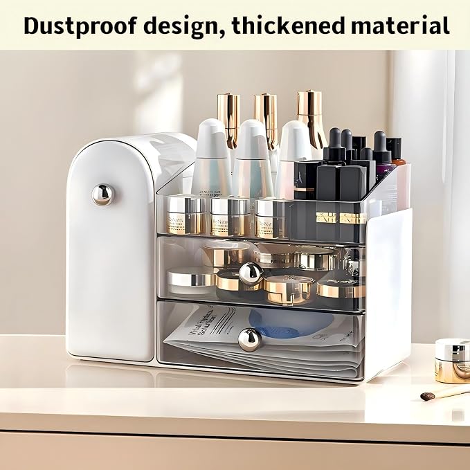 Makeup Organizer for Vanity with Covered Brush Holder,Bathroom Organizers with Drawer,Skin Care Organizer,Makeup Organizers for Vanity with Drawer,Large Makeup Storage for Dresser, White