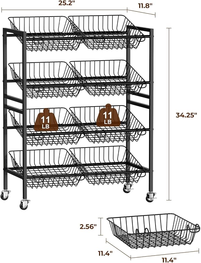 Evermagin 25.2''W Kitchen Storage Cart, Rolling Snack Cart, 4 Tier Fruit Basket Vegetable Stand, Metal Pantry Storage Organizer with 8 Removable Baskets for Onion Potato, Black