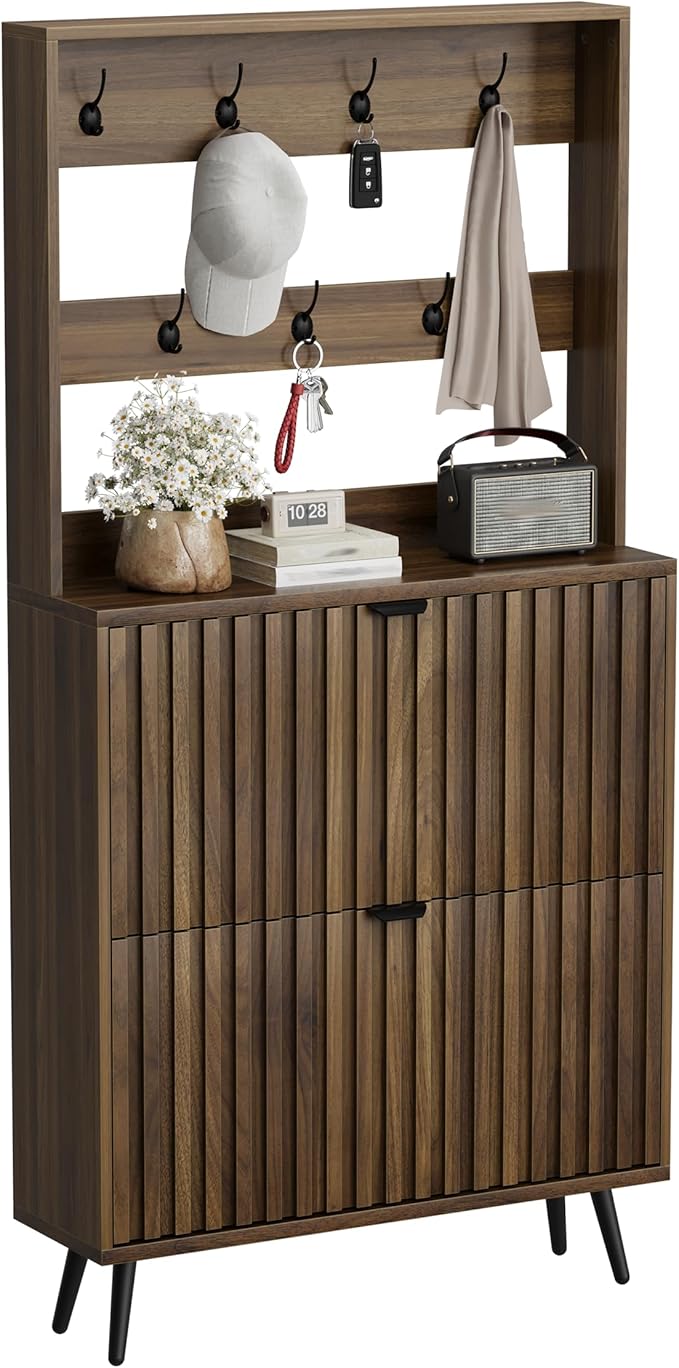 Smuxee Shoe Cabinet with 2 Flip Drawers & Coat Rack Hooks, 31.5" Walnut Hidden Shoe Storage Cabinet, 2-in-1 Hall Tree Slim Freestanding Shoe Rack Organizer for Entryway, Hallway, Living Room