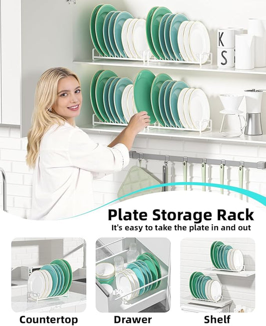 Plate Organizer for Cabinet (2-Pack),Kitchen Dish Rack Organizer for Cabinet Countertop Drawer Space Saver,8 Slots Vertical Plate Holder Storage Rack, Housewarming Kitchen Gifts for Women (White)