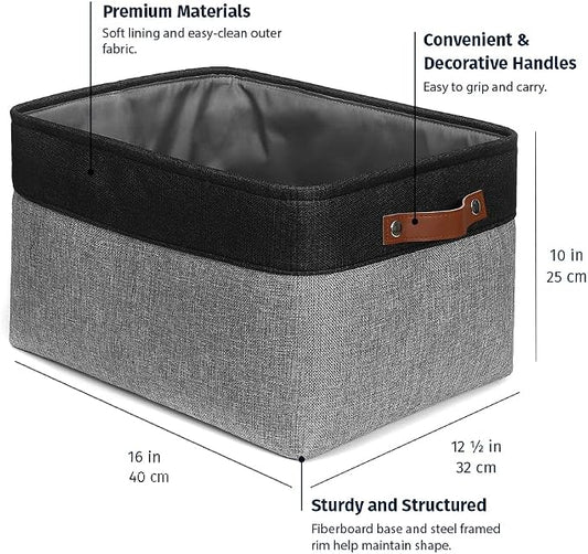 OrganiHaus 16x12.5in Canvas Storage Baskets 3 Pack | EXTRA LARGE Fabric Bins for Shelves | Linen Closet Organizer | Gray/Black