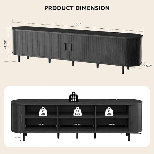 80" Mid Century Modern TV Stand with Power Outlet, Fluted Entertainment Center with Storage and Adjustable Shelves, Wood TV Console with Sliding Doors for Living Room, Black