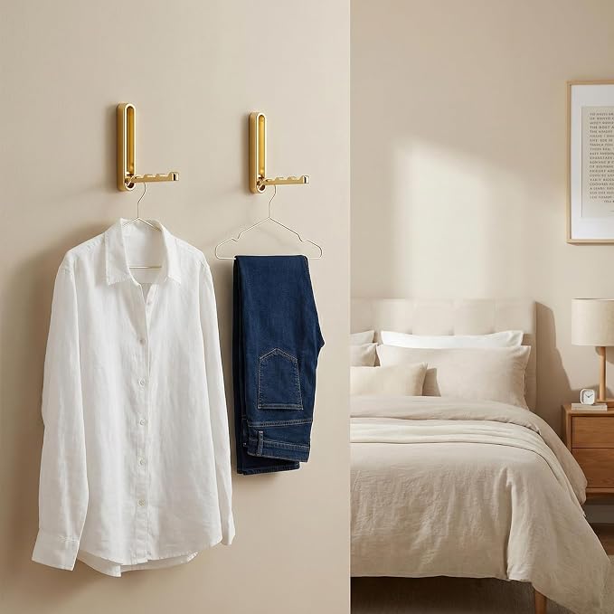 Dntorx 2 Pcs Extended Folding Coat Hooks Wall Mounted, 4.33 in Gold Foldable Wall Hooks Heavy Duty Valet RV Hooks Bathroom Towel Hooks Robe Hooks for Hanging Towels Clothes Coat Hat Bags