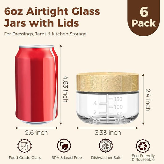6oz Glass Jars with Airtight Lids - 6 Pack Overnight Oats Containers with Bamboo Lids, Small Food Containers with Measurement for Yogurt, Salad, Chia, Wide Mouth Mason Jar with Lid for Food Storage