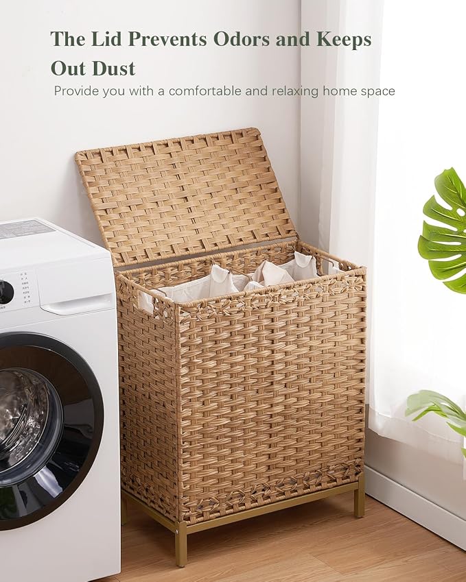 SETVSON Laundry Hamper with Lid, 112 L Handwoven Rattan Wicker Laundry Basket, 2 Removable Liner Bags Metal Heightened Feet, 6 Mesh Bags, 2 Section Large Clothes Hamper for Bathroom Bedroom, Natural