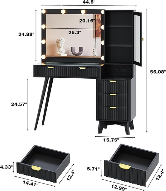 Vanity Desk with Mirror and Lights, 45" Fluted Makeup Vanity Desk with Lights &5 Drawers, Glass Top Vanitys with Lighted Mirror and RGB Cabinet, Dressing Table with Power Outlet for Bedroom, Black