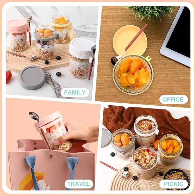 SUROQUE Overnight Oats Containers with Lids and Spoons - 4 Pack 16oz Glass Mason Jars, Leakproof Meal Prep Storage