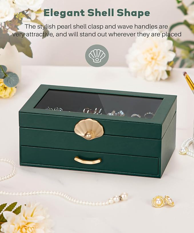 Jewelry Box with 1 Drawers: Display Organizer for Earrings Necklaces - Christmas Gifts for Girls Women (Forest Green)