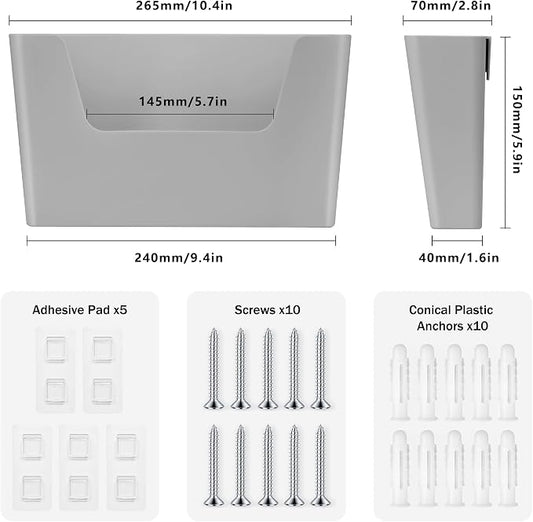 JOMOLA No Drilling File Holder 5 Pack Mail Organizer Wall Mount File Organizer Holder Office Wall Hanging Files Magazines Organizer Plastic Door Mount Wall Pocket with Adhesive Pad, Grey Color
