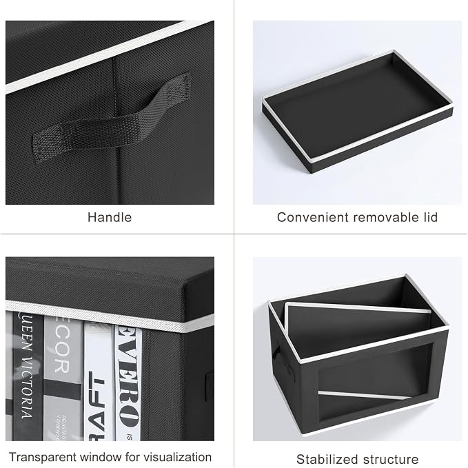 Homsorout Storage Boxes with Lids - 5 Pack Foldable Clear Window Storage Bins, Large Decorative Storage Bins with Handles, Storage Containers for Clothes, Towel, Blanket, Sheet, Black